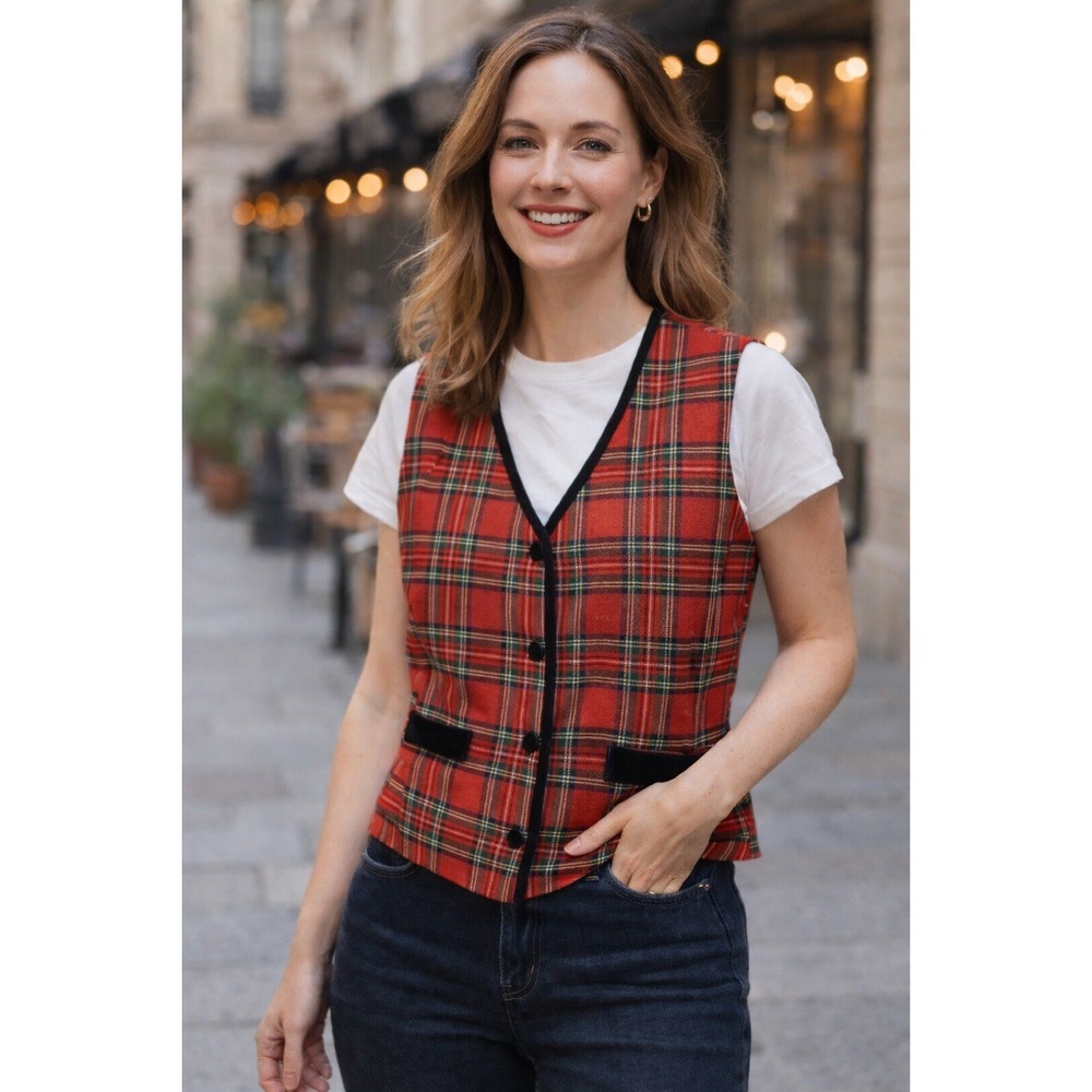 Vintage British Khaki Equestrian Wool Vest Red Tartan‎ Plaid Size 12 RL Style